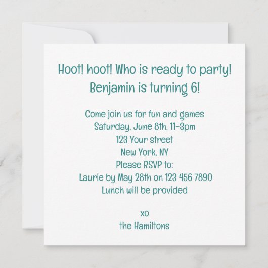 Uilen eten taart, grappige uil verjaardag uitnodig kaart (Achterkant)