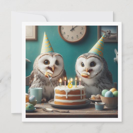 Uilen eten taart, grappige uil verjaardag uitnodig kaart (Voorkant)