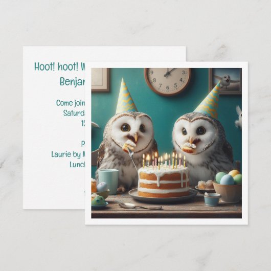 Uilen eten taart, grappige uil verjaardag uitnodig kaart (Voorkant / Achterkant)