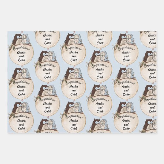 Uilen Huwelijksgelukwensen Voeg Namen Toe Cute 3 Inpakpapier Vel (Voorkant 3)