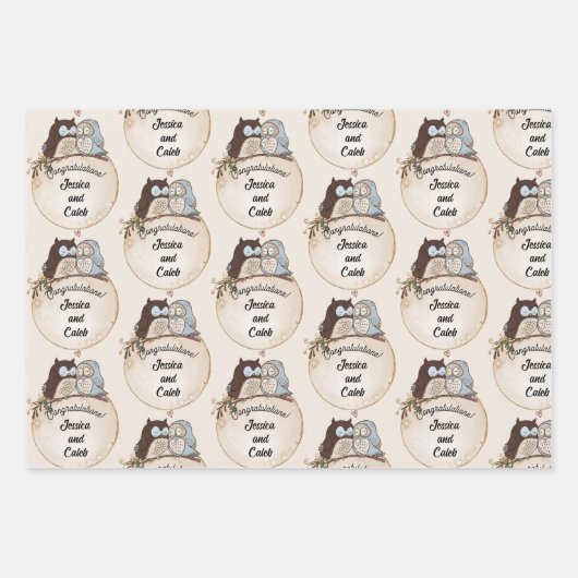 Uilen Huwelijksgelukwensen Voeg Namen Toe Cute 3 Inpakpapier Vel (Voorkant 2)