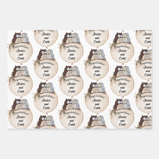 Uilen Huwelijksgelukwensen Voeg Namen Toe Cute 3 Inpakpapier Vel (Voorkant)