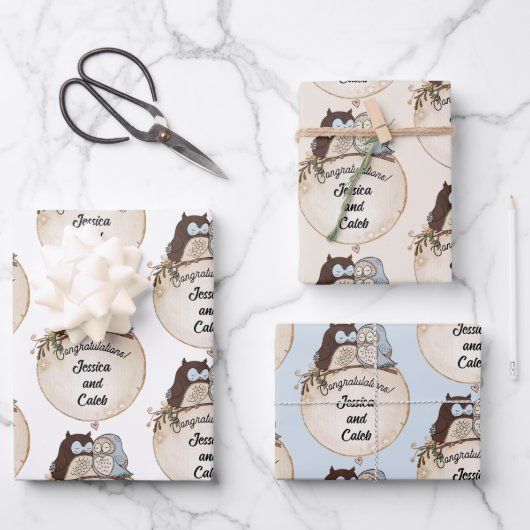 Uilen Huwelijksgelukwensen Voeg Namen Toe Cute 3 Inpakpapier Vel (Voorkant)
