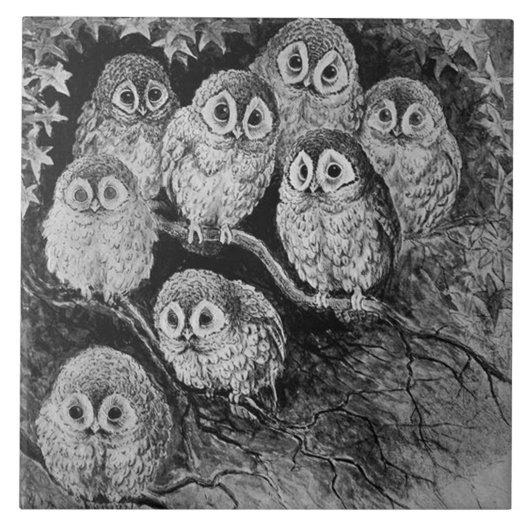 Uilen in het bos, Louis Wain Tegeltje (Voorkant)