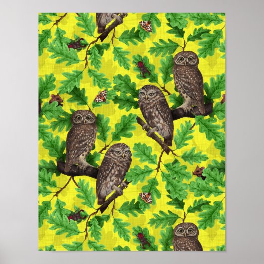 Uilen in het bos op citroengeel poster (Voorkant)