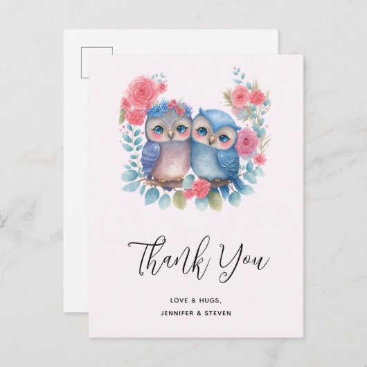 Uilen in liefde zittend op een tak dank je briefkaart (Voorkant / Achterkant)
