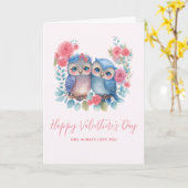 Uilen in liefde zittend op een tak valentijnsdag kaart (Gele Bloem)