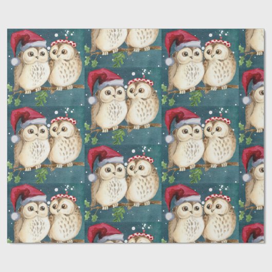 Uilen kerstavond knuffelen paar kerstmuts cadeaupapier (Vlak)