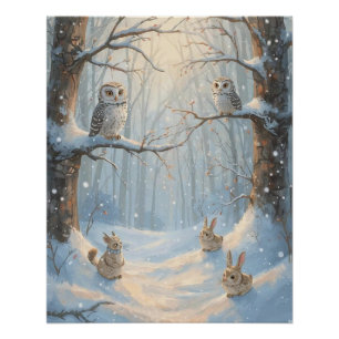 Uilen, Konijnen en Bos in de Sneeuw Poster