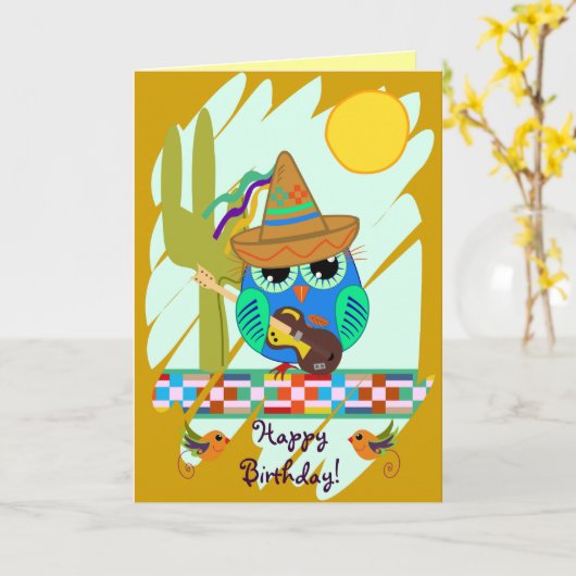 Uilen met gitaren en aangepaste tekst verjaardagsk kaart (Gele Bloem)