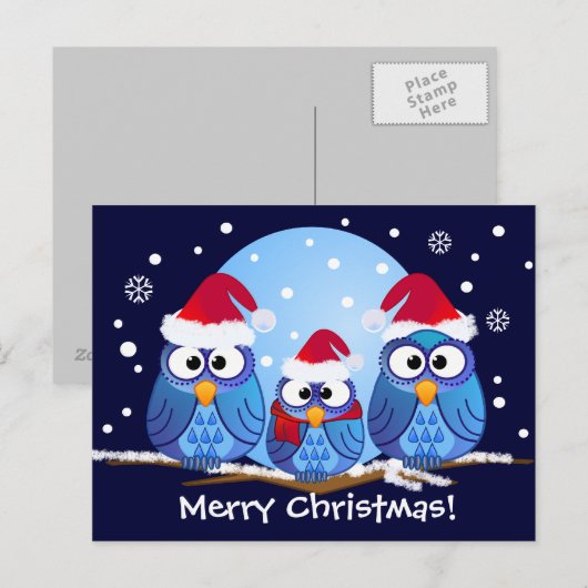 Uilen met kerstmutsen feestdagenkaart (Voorkant / Achterkant)