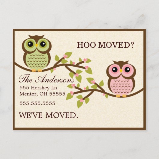 Uilen op filialen verhuizen aankondigingen aankondigingskaart (Voorkant)