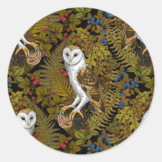 Uilen, varens, eik en bessen 2 ronde sticker (Voorkant)