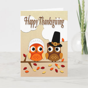 Uilenpaar verkleed als pelgrims voor Thanksgiving Feestdagen Kaart