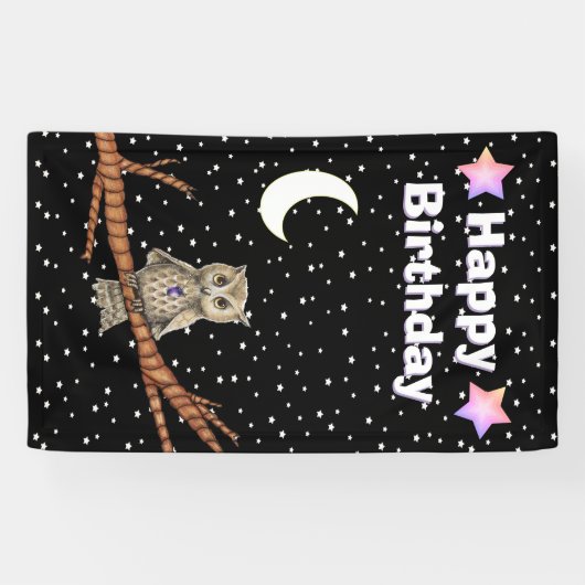 Uilentak Paarse Crystal Moon Sterren Verjaardag Spandoek (Horizontaal)