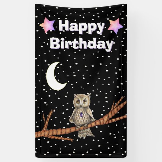 Uilentak Paarse Crystal Moon Sterren Verjaardag Spandoek (Verticaal)