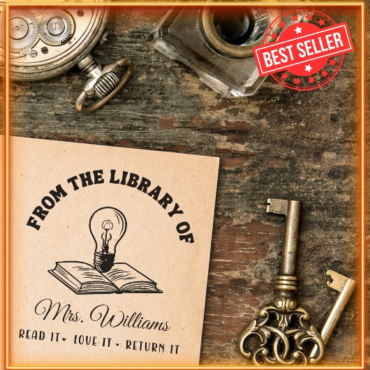 Uit de bibliotheek van | Gloeilamp op boek, leraar Zelfinktende Stempel