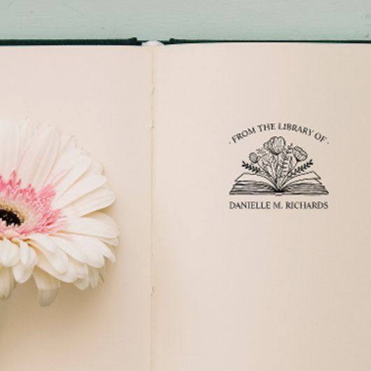 UIT DE BIBLIOTHEEK VAN UW NAAM GEOPEND BOEK BLOEME RUBBERSTEMPEL