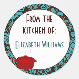 Uit de keuken van Blauwgroen bruin damast Ronde Sticker