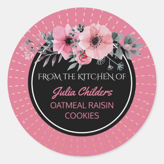 Uit de keuken van de naam Baking Pink Floral Ronde Sticker (Voorkant)