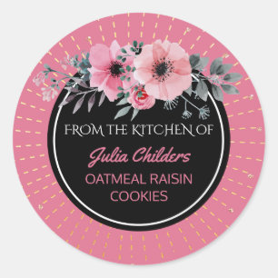 Uit de keuken van de naam Bakkersroze Floral Ronde Sticker