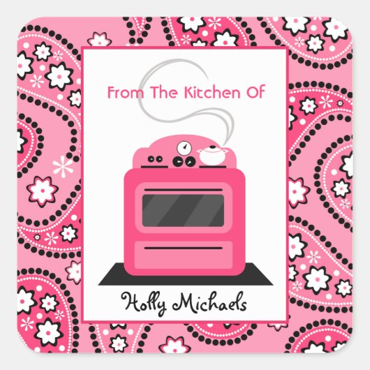 Uit de keuken van...Pink Paisley & Retro kachel Vierkante Sticker (Voorkant)