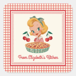 Uit de keuken van Vintage Gingham Rode Kers Vierkante Sticker