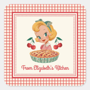 Uit de keuken van Vintage Gingham Rode Kers Vierkante Sticker