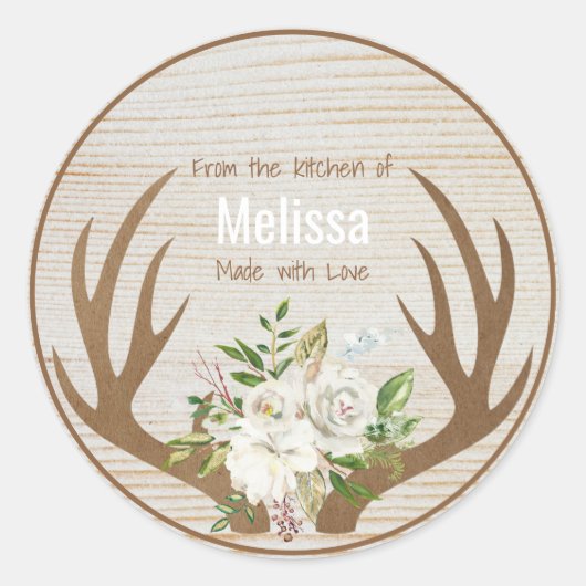 Uit de keuken van Wood Boho Floral Antlers Ronde Sticker (Voorkant)