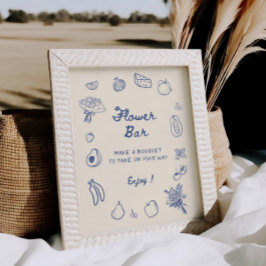 Uit de markt Blauwe Hand getrokken Bloem Bar Poster