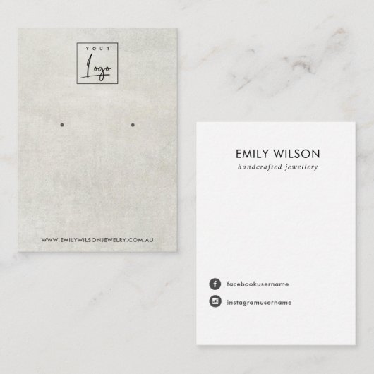 UIT DE WIT-GRAY CONCRETE STUD EARRING DISPLAY-KAAR VISITEKAARTJE (Voorkant / Achterkant)