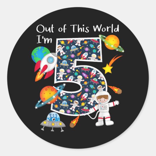 Uit deze wereld ben ik 5 Outer Space 5 jaar oud 5e Ronde Sticker (Voorkant)