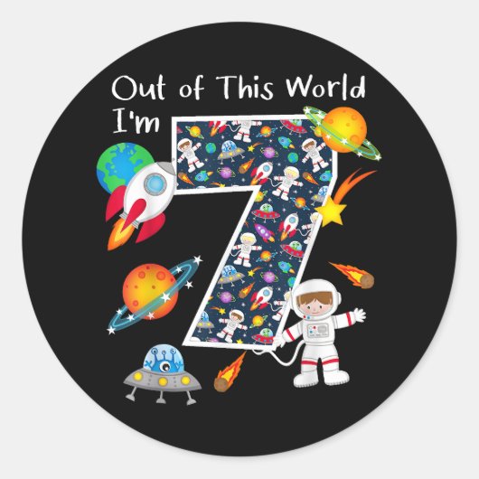Uit deze wereld ben ik 7 Outer Space 7 jaar oud 7e Ronde Sticker (Voorkant)
