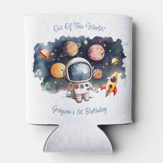 Uit deze wereld Outerspace Planeten Jongen Verjaar Blikjeskoeler (Achterkant)