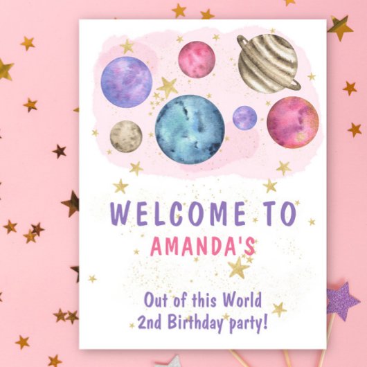 Uit deze wereld Pink Planets Meisje Welkom Party Poster