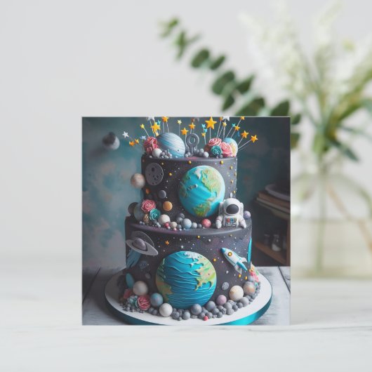 UIT DEZE WERELD SPACE CAKE KINDEREN VERJAARDAG KAART (Staand voorkant)