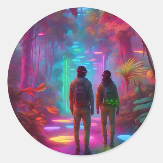 Uit deze Wereld - Virtual Reality Neon Oerwoud Ronde Sticker (Voorkant)
