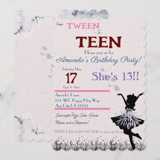 Uit een Tweener naar een Tiener Uitnodiging (Voorkant / Achterkant)