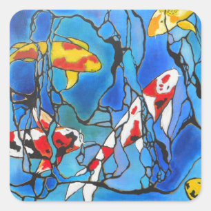 "Uit het blauw" Koi Fish Art Painting! Vierkante Sticker