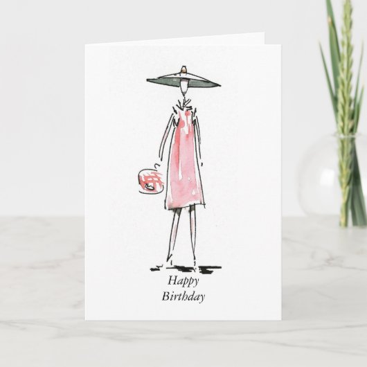 Uit voor de lunch Lady in Pink Happy Birthday Kaar Kaart (Voorkant)