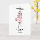 Uit voor de lunch Lady in Pink Happy Birthday Kaar Kaart (Gele Bloem)