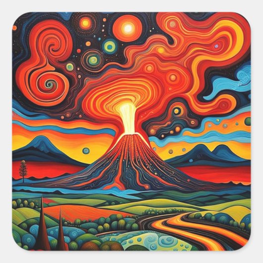 Uitbarstende vulkaan in de nacht 7 vierkante sticker (Voorkant)
