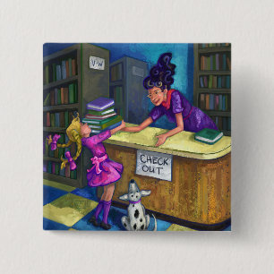 Uitchecken bibliotheek vierkante button 5,1 cm
