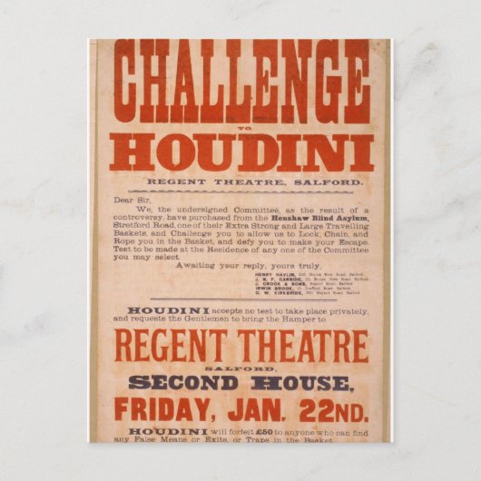 Uitdaging voor het theater van Houdini Briefkaart (Voorkant)