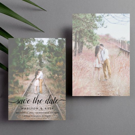 Uitgebleekte Script 2 Foto's Save the Date Huwelij