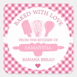 Uitgebreid met banana Bread Pink Gingham Kitchen Vierkante Sticker
