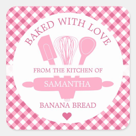 Uitgebreid met banana Bread Pink Gingham Kitchen Vierkante Sticker (Voorkant)