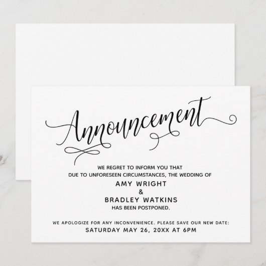 Uitgebreid script uitgestelde bruiloft aankondigin kaart (Voorkant / Achterkant)