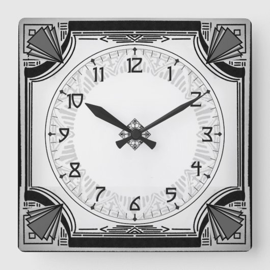 Uitgebreide Art Deco Clock Black en White Version Vierkante Klok (Voorkant)