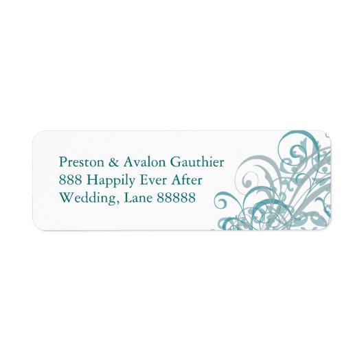 Uitgebreide Blauwgroen Scroll White Wedding Addres Etiket (Voorkant)